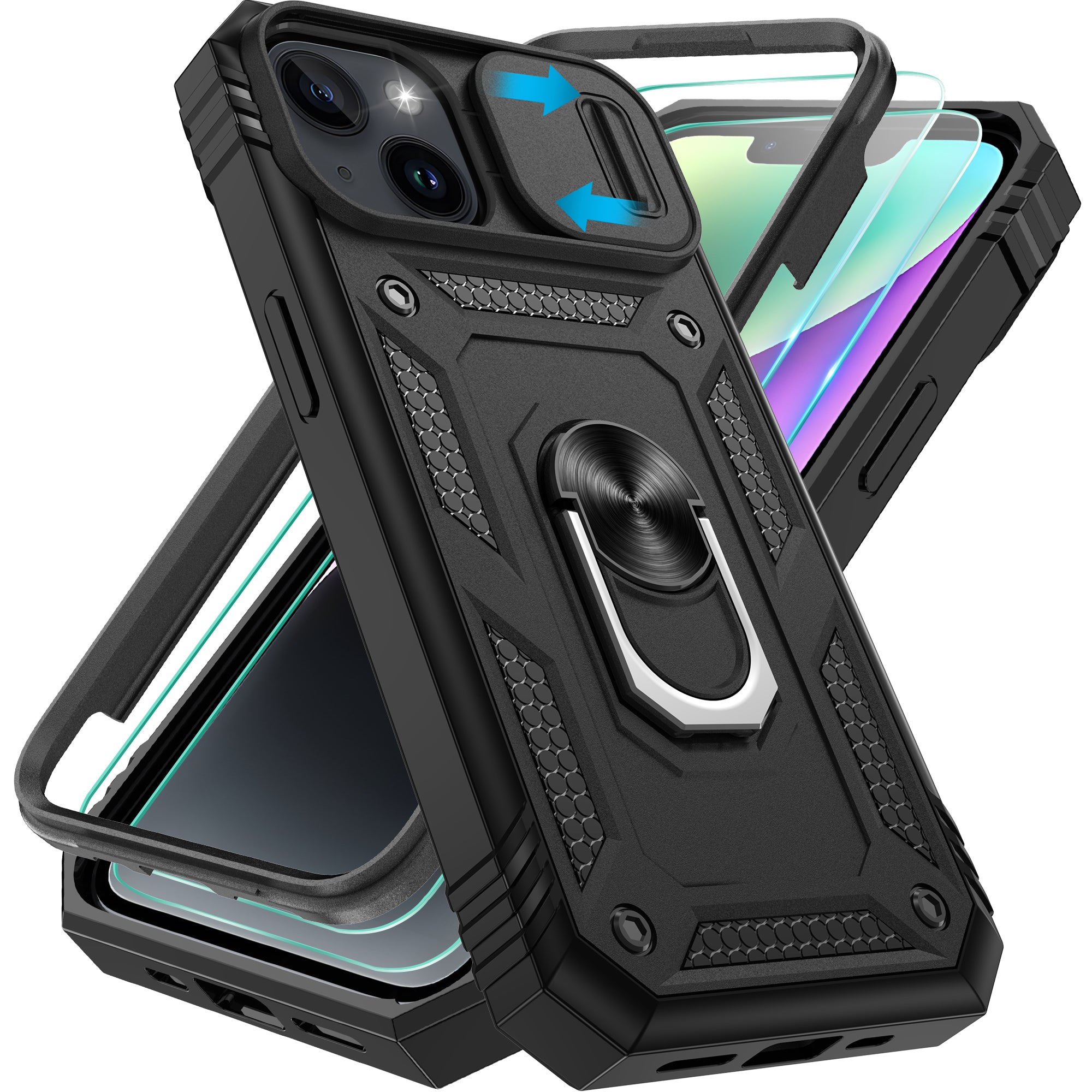 Pilaru 3 in 1 for iPhone 13/14 Case |With Front Frame| [2 Separate Screen Protectors] & Kickstand Ring & Camera Cover Military Grade Drop Shockproof Protection for iPhone 13/14 Phone
